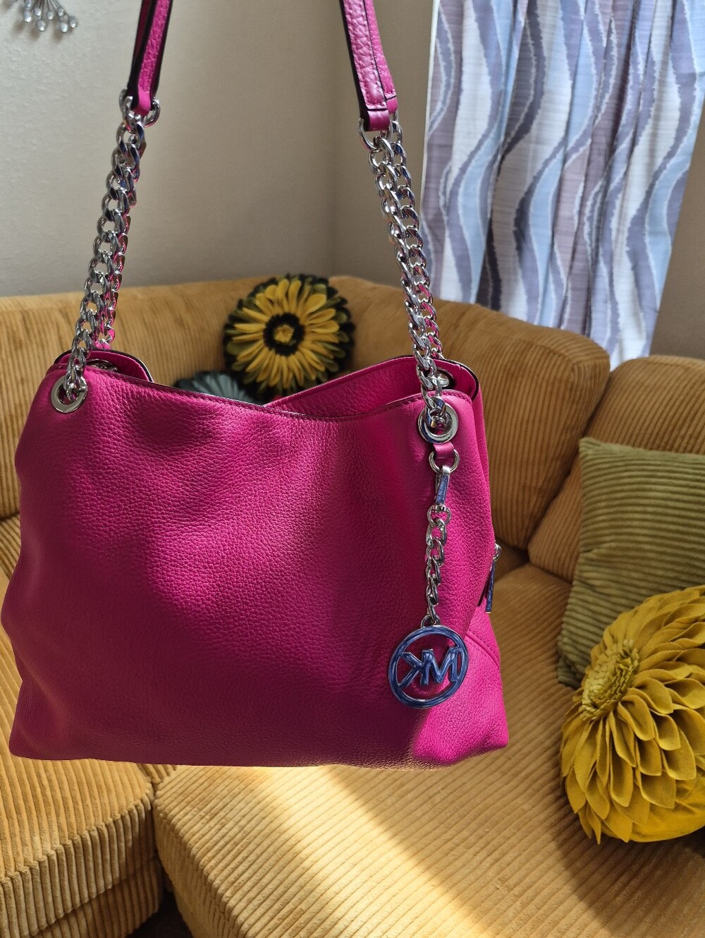 Michael Kors Hot Pink Pebbled Leather Shoulder Bag with Silver Chain-Link Straps - Picture 2 of 16